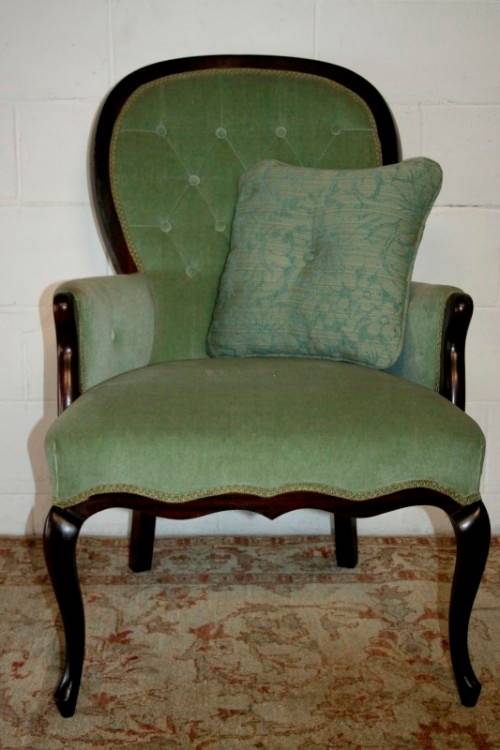 A gorgeous vintage solid Imbuia Queen Anne occasional arm chair in a stylish light green velvet