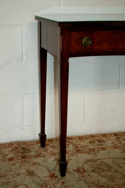 An incredible stylish two-drawer Teak console table with rail inlay detailing & awesome ring handles