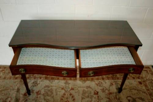 An incredible stylish two-drawer Teak console table with rail inlay detailing & awesome ring handles