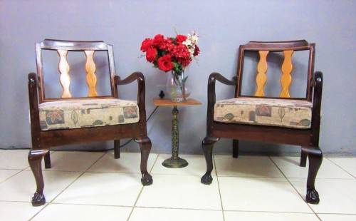 Two lovely vintage Imbuia ball & claw chairs w upholstered cushions in good condition - price/chair