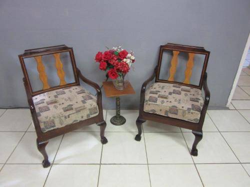 Two lovely vintage Imbuia ball & claw chairs w upholstered cushions in good condition - price/chair