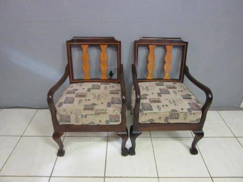Two lovely vintage Imbuia ball & claw chairs w upholstered cushions in good condition - price/chair