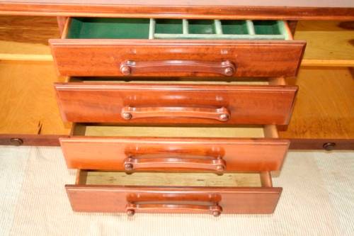 Solidly built vintage Imbuia buffet server with 4 large drawers & two cupboards
