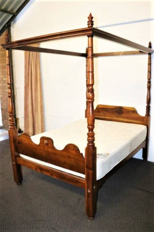 A spectacular Burmese Teak four-poster canopy double bed w mattress in amazing condition.RS17Bed