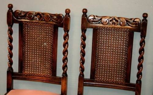 Six rare antique Victorian solid oak hand carved chairs with barley-twist uprights - price / chair