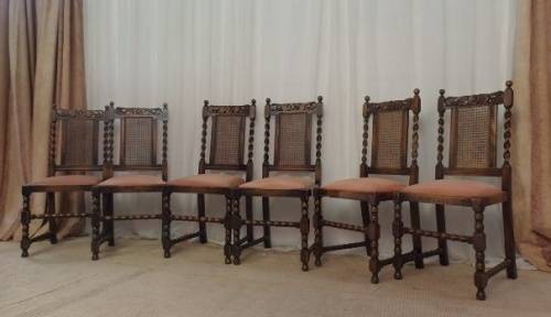 Six rare antique Victorian solid oak hand carved chairs with barley-twist uprights - price / chair