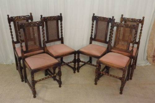 Six rare antique Victorian solid oak hand carved chairs with barley-twist uprights - price / chair