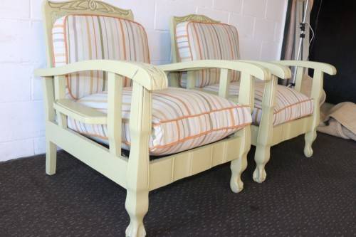 Two stunning wicker back ball & claw armchairs w soft green paint technique & cushions - price/chair