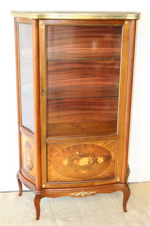 Superb vintage French "Vernis Martin" Louis XV-style show case w/ amazing marquetry inlay detailing