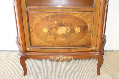 Superb vintage French "Vernis Martin" Louis XV-style show case w/ amazing marquetry inlay detailing