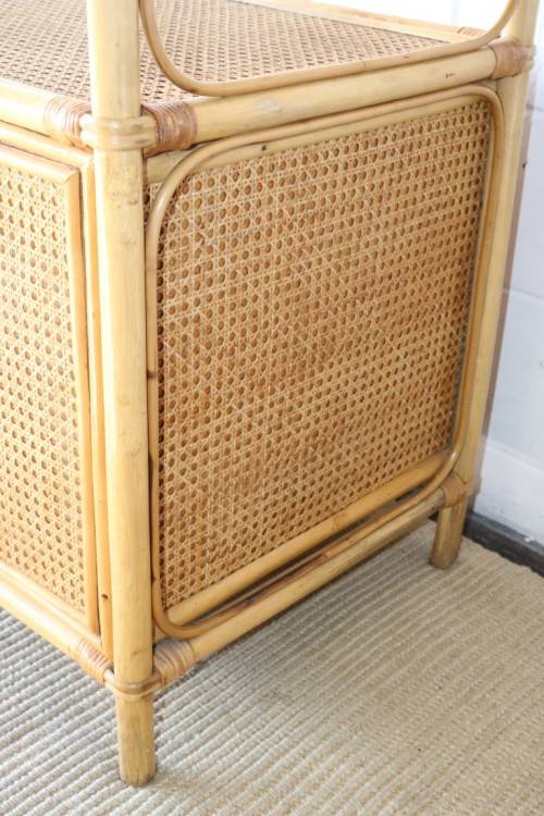 **RS17** A cane & wicker cabinet w/ glass shelf & two-door cupboard; great in a holiday home