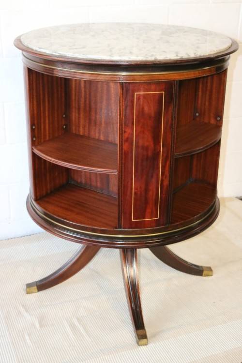 An superb Edwardian (c1910) Mahogany rotating bookcase w/ a solid marble top & marquetry inlays!!