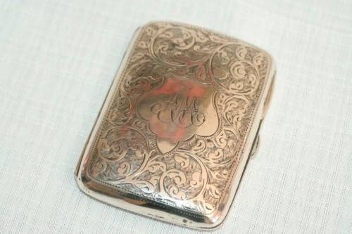 An exquisite antique (1905) hallmarked "Thomas Bishton" sterling silver engraved calling card case