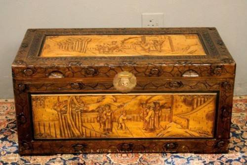 A superb & exquisitely made oriental teak and camphor wood hand carved kist w/ brass embellishments