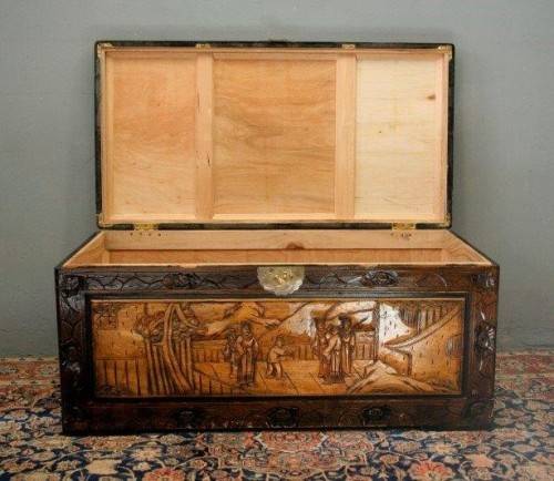 A superb & exquisitely made oriental teak and camphor wood hand carved kist w/ brass embellishments