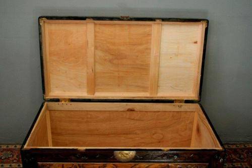 A superb & exquisitely made oriental teak and camphor wood hand carved kist w/ brass embellishments