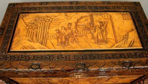 A superb & exquisitely made oriental teak and camphor wood hand carved kist w/ brass embellishments