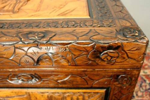 A superb & exquisitely made oriental teak and camphor wood hand carved kist w/ brass embellishments