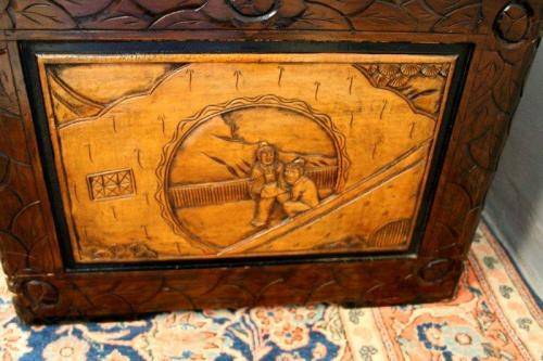 A superb & exquisitely made oriental teak and camphor wood hand carved kist w/ brass embellishments