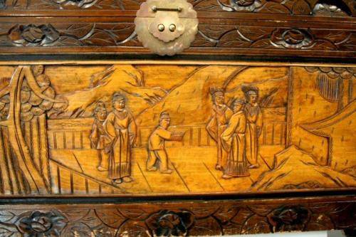 A superb & exquisitely made oriental teak and camphor wood hand carved kist w/ brass embellishments
