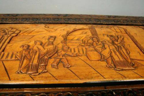 A superb & exquisitely made oriental teak and camphor wood hand carved kist w/ brass embellishments