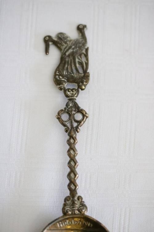 **RS17** Rare antique German made brass plated pewter figural spoon w/ a traditional Dutch pub scene