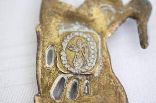 **RS17** Rare antique German made brass plated pewter figural spoon w/ a traditional Dutch pub scene