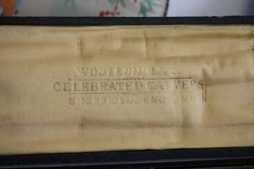 A stunning antique British made Wostenholm's "Celebrated Carver" boxed carving knife, fork & steel