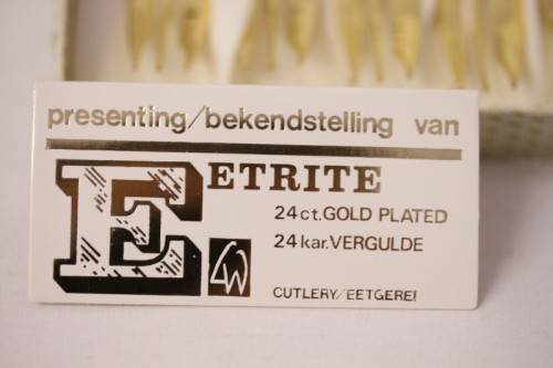 Awesome boxed set of 12x Eetrite 24K gold plated (on stainless steel) cake forks w/ blue rose decals