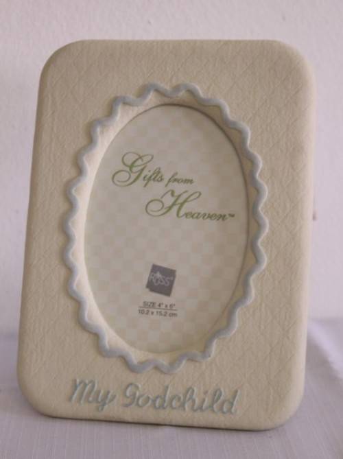 **RS17** An original Russ Bears & Toys hand painted "My Godchild" yellow & blue photo frame