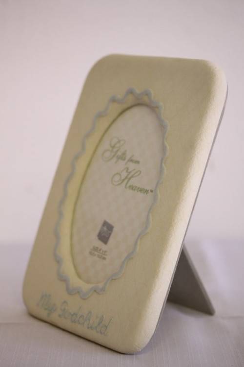 **RS17** An original Russ Bears & Toys hand painted "My Godchild" yellow & blue photo frame