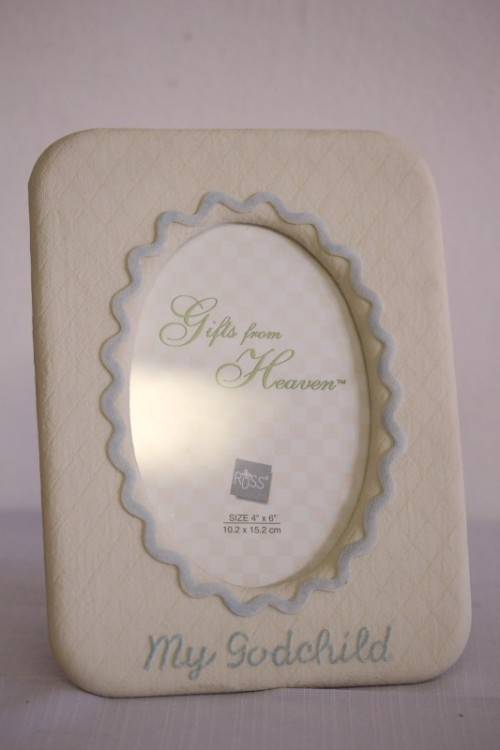 **RS17** An original Russ Bears & Toys hand painted "My Godchild" yellow & blue photo frame