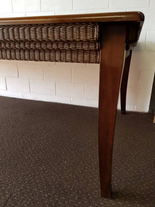 An awesome x-large 10-12 seater Mahogany dining table w/ wicker inlay under the glass top!