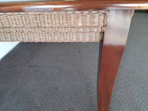 An awesome x-large 10-12 seater Mahogany dining table w/ wicker inlay under the glass top!