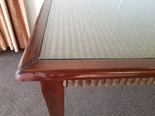 An awesome x-large 10-12 seater Mahogany dining table w/ wicker inlay under the glass top!