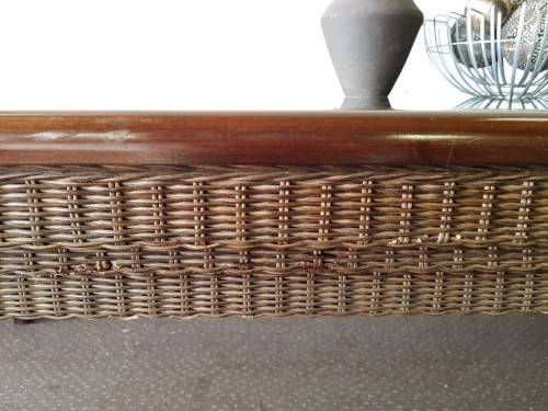 An awesome x-large 10-12 seater Mahogany dining table w/ wicker inlay under the glass top!