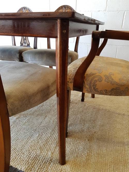 An awesome vintage dining room suite w/ a retro table & 6x shield-back chairs including two carvers