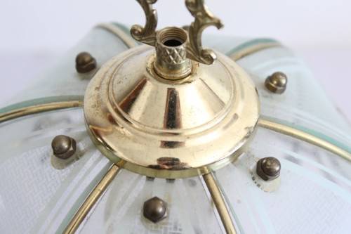 A lovely parlour table lamp with a glass panelled shade and brass-finished base - stunning on a desk