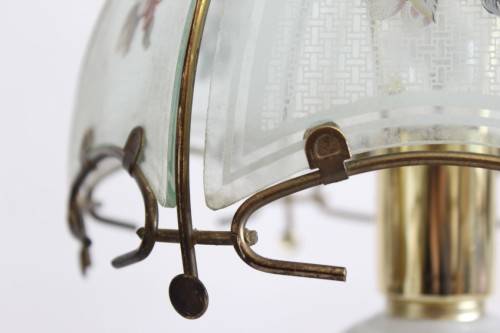 A lovely parlour table lamp with a glass panelled shade and brass-finished base - stunning on a desk