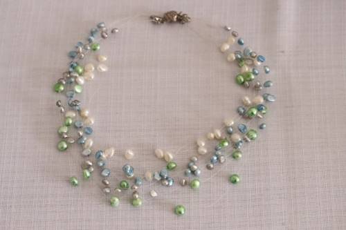 A superb white, blue, silver and green genuine pearl multi-strand ladies necklace w/ a silver clasp