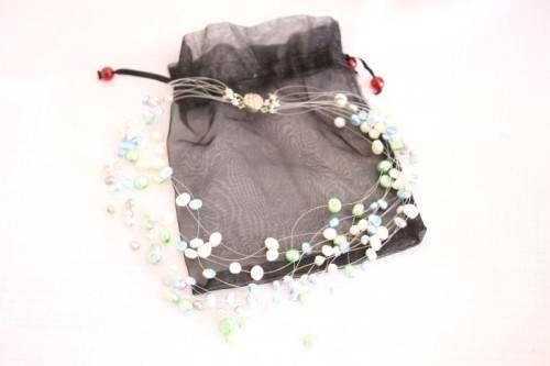A superb white, blue, silver and green genuine pearl multi-strand ladies necklace w/ a silver clasp