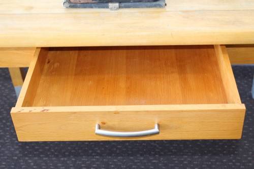 A magnificent "Marks and Spencer" modern Oak desk with metal feet caps and an uncomplicated design!!