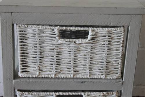 An awesome grey wooden 2-drawer pedestal with white wicker drawers - great in the bathroom