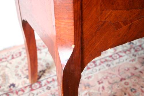 A superb vintage French Louis XV-style show case with beautiful marquetry inlay detailing