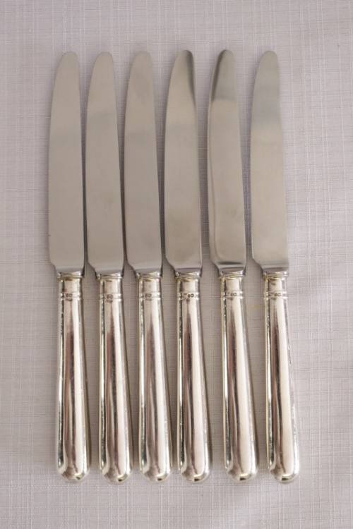 Superb set of 6x British hallmarked sterling silver CJ Vande" Entree/ starter knives w/ steel blades