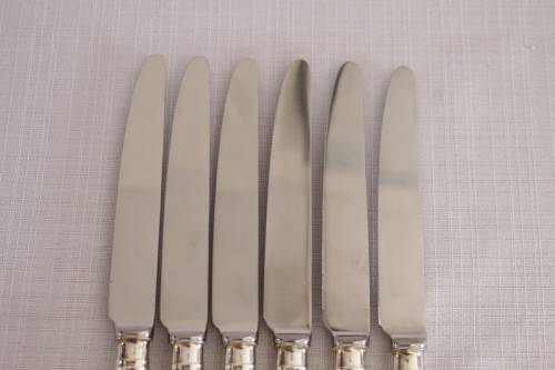Superb set of 6x British hallmarked sterling silver CJ Vande" Entree/ starter knives w/ steel blades