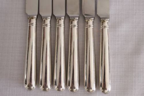 Superb set of 6x British hallmarked sterling silver CJ Vande" Entree/ starter knives w/ steel blades