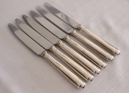 Superb set of 6x British hallmarked sterling silver CJ Vande" Entree/ starter knives w/ steel blades