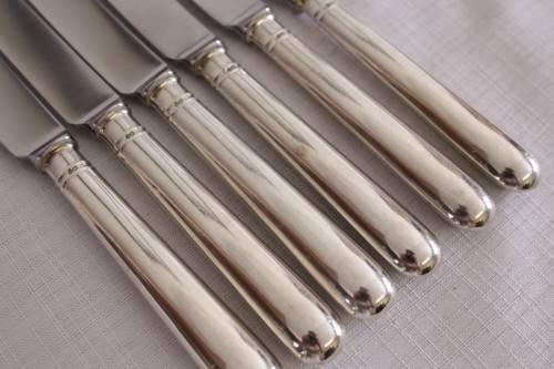 Superb set of 6x British hallmarked sterling silver CJ Vande" Entree/ starter knives w/ steel blades