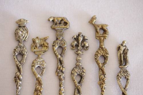 **RS17** A set of 6x rare antique Italian made "Alpak" silver plate Roman themed figural spoons